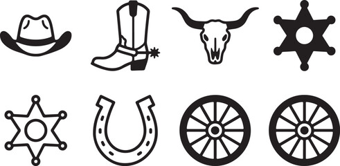 Set of wild west icons featuring cowboy hat boot skull badge horseshoe and wagon wheels for western themed design projects Vector © Sazid