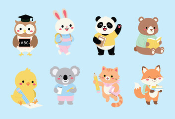 Obraz premium Collection of cute back to school animal characters studying and holding school supplies vector illustration
