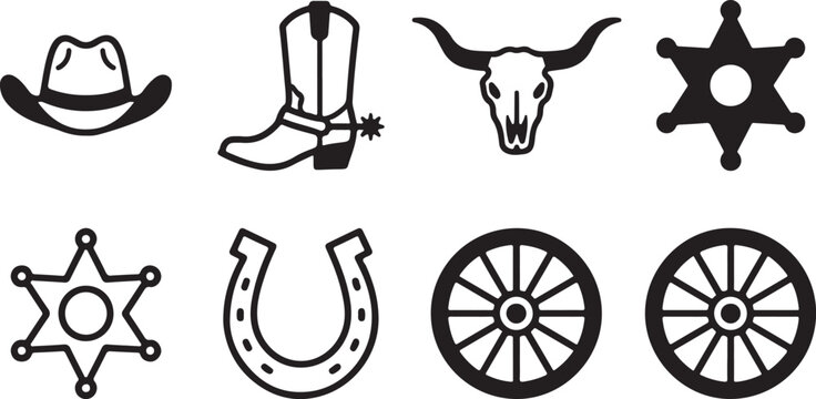 Set of wild west icons featuring cowboy hat boot skull badge horseshoe and wagon wheels for western themed design projects Vector