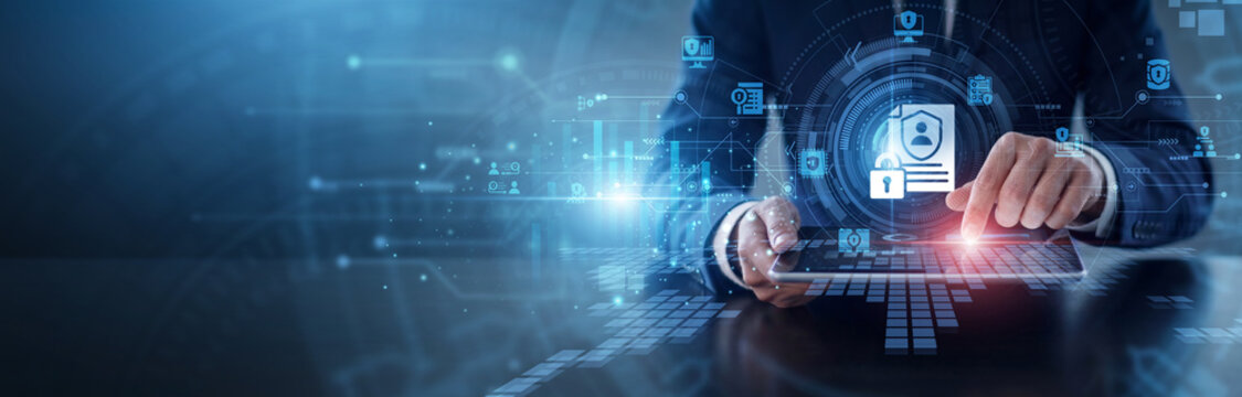 Data Privacy compliance network. Officer using tablet to ensure personal information protection and regulatory standards. Secure encryption protocols and confidential data handling systems.