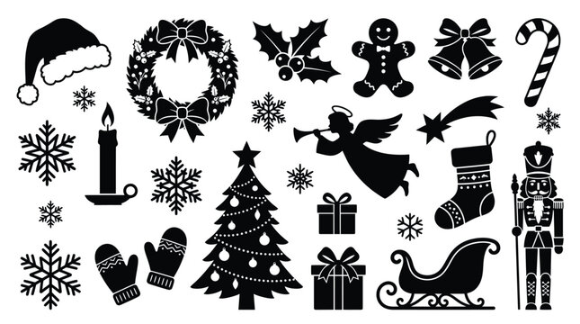 A collection of black christmas icons featuring festive holiday elements isolated on a white background
