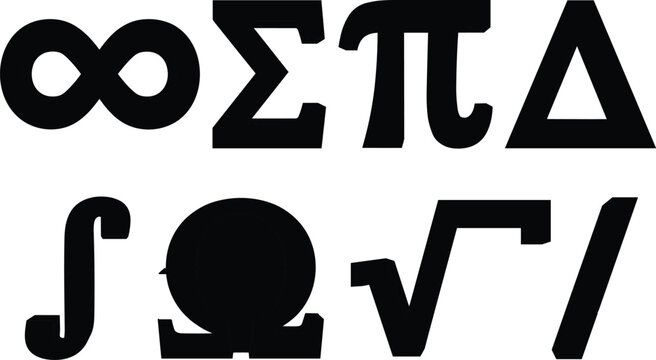 Set of black mathematical symbols and greek letters including infinity sigma pi delta and square root