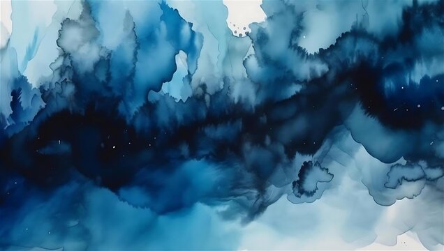Ethereal Blue Watercolor Clouds on Textured Surface. Deep Sapphire Gradient Evoking Oceanic Mist and Flow.