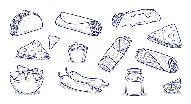 Outline set of popular fast food items, including tacos, burritos, quesadillas, nachos, fries, and drinks, all drawn in a simple, dashed line style