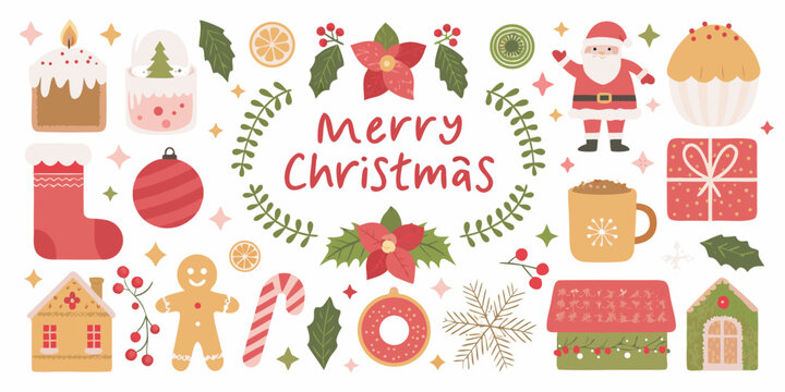 Christmas Illustration Collection Puddings Gingerbread And Festive Decorations