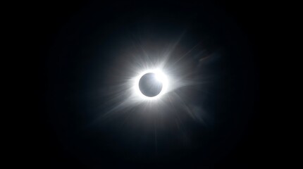Obraz premium Total solar eclipse featuring a bright glowing white corona with intense light rays emanating from the dark lunar silhouette captured during a celestial event on transparent background