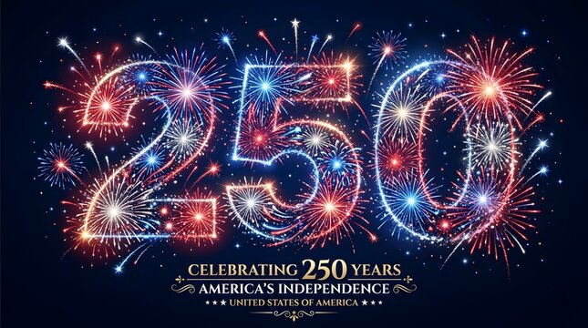 Sparkling Firework Number 250 Vector Background for America 250th Independence Day Celebration, Festive 4th of July Anniversary Banner.