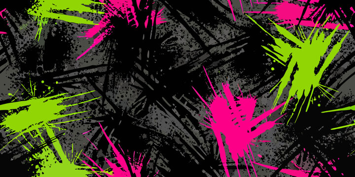 Abstract splatter pattern with neon pink and green on black background
