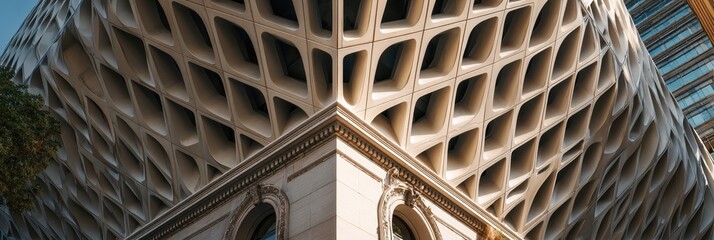 Obraz premium Modern architectural landmark with ornate historic building facade detail, urban contrast.