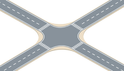 Fototapeta premium Isometric layout of a clean grey asphalt road intersection with pedestrian crosswalks on a white background.