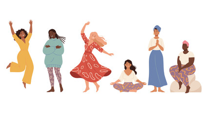 Obraz premium Group of six diverse women celebrating body positivity in various active and peaceful poses on a white background.