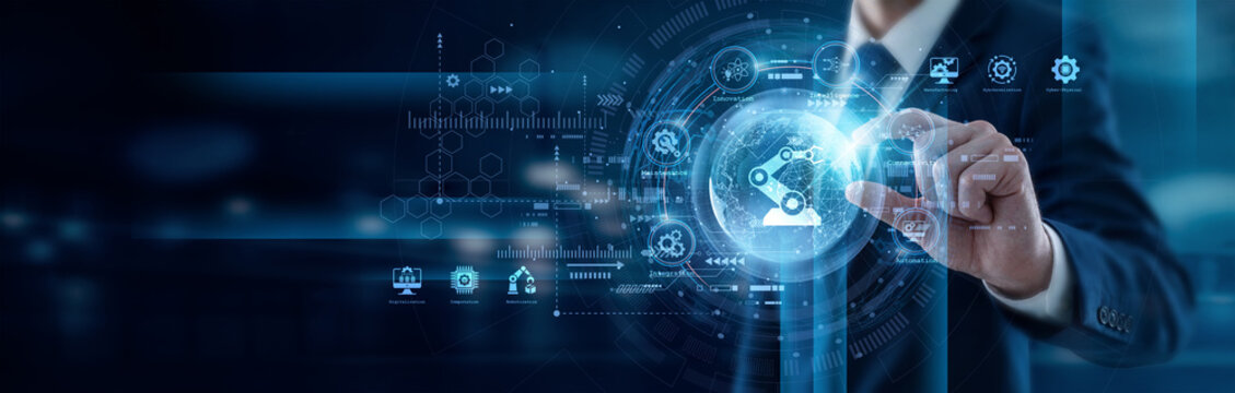 Tech manager skillfully hand hold global Industry 4.0 network ecosystems within smart factories. Advanced manufacturing technologies optimize production efficiency and drive industrial growth.