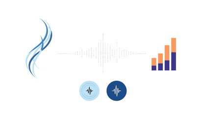 Obraz premium Set of visual audio sound wave components including bar graphs and waves on a clean white background.