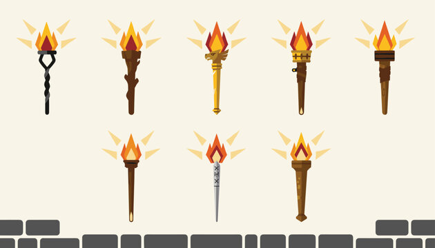 Collection of medieval pixel art torches with burning flames showing various materials like wood, metal, and gold.
