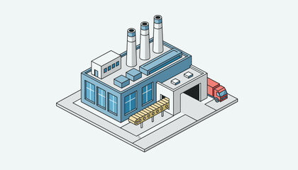 Fototapeta premium Isometric design of an industrial manufacturing factory building with smoking chimneys and a cargo delivery truck.