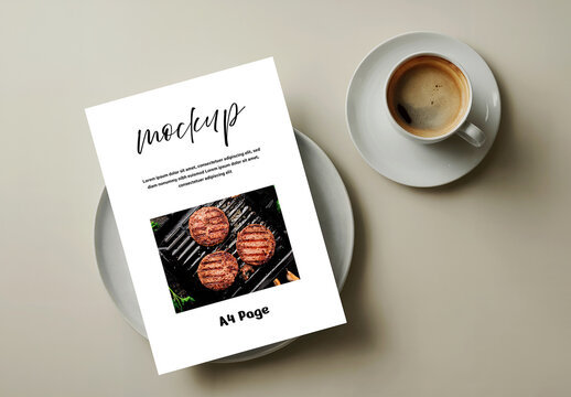 A4 Paper Mockup with Coffee Cup on Minimal Table