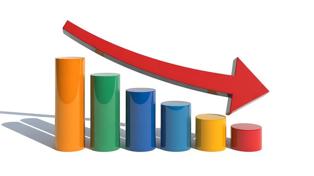 Business decline bar chart with downward arrow representing financial loss and economic recession analysis