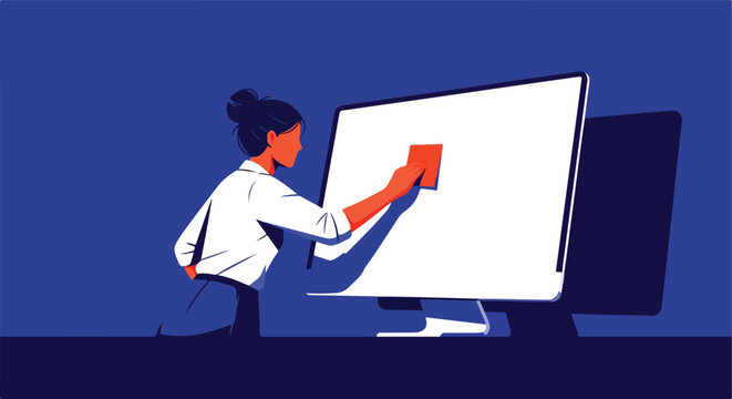 Woman cleans monitor screen with orange cloth in office