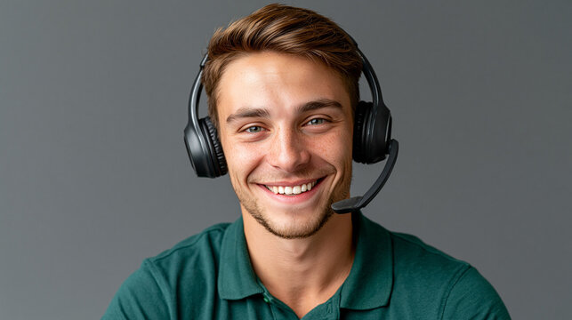 Junger Mann mit Headset im gr&uuml;nen Polo-Shirt l&auml;chelt vor grauem Hintergrund

Keywords: 