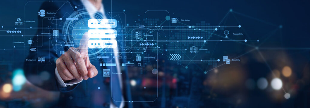 Hosting manages online website server storage. A web developer hand touch Hosting icon to upload files. This digital network space is a core internet infrastructure concept for platforms.
