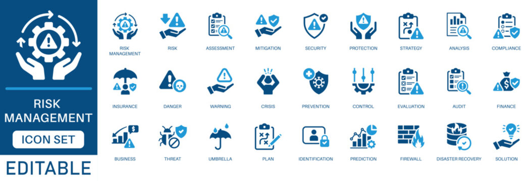 Risk management icon set. Featuring warning, danger, business risk assessment, finance security protection, audit compliance , and crisis control in a blue flat design.