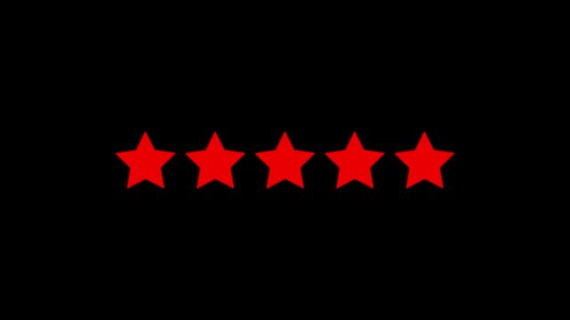 glowing Five star rating icon animated video , isolated on alpha channel background. Animated of 5 stars rating. motion graphic of 5 star concept. 4k video