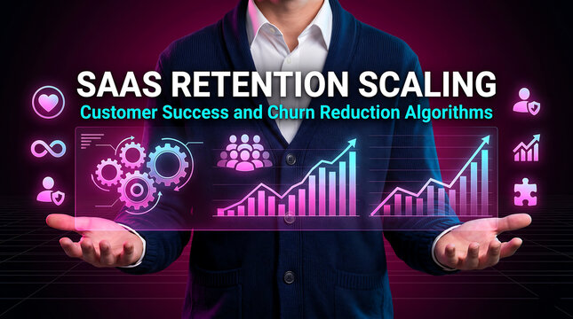 Business professional presenting SaaS retention scaling with customer success and churn reduction algorithms visualized on a digital interface.