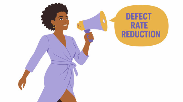Woman with megaphone promoting defect rate reduction.