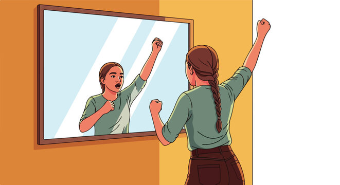 Young woman pumps fist at mirror, indoors, feeling empowered
