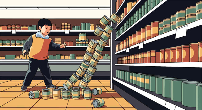 Boy in grocery store knocks over stack of canned goods