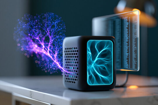 Futuristischer schwarzer Minicomputer mit blau-violetten Lichtb&ouml;gen und leuchtendem Display auf Tisch