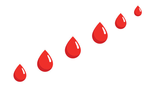 Flat vector illustration of red blood droplets aligned diagonally in ascending size order on a white background.