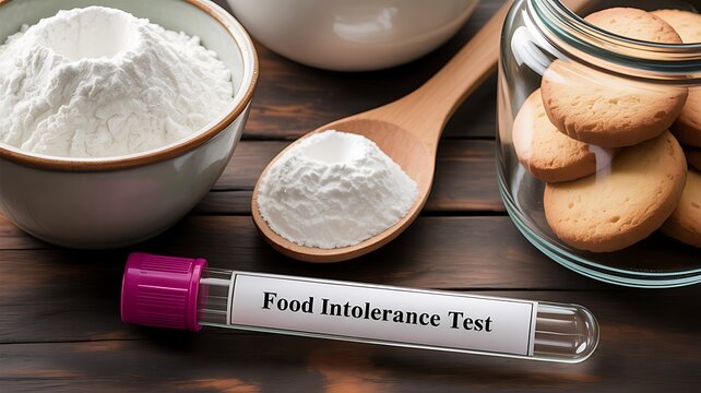 Food intolerance test with blood sample tube flour cookies and dairy products on table