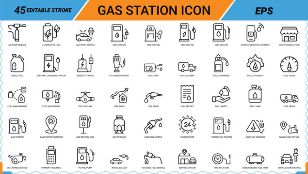 Gas station icon set including fuel pump charging station and petroleum services.