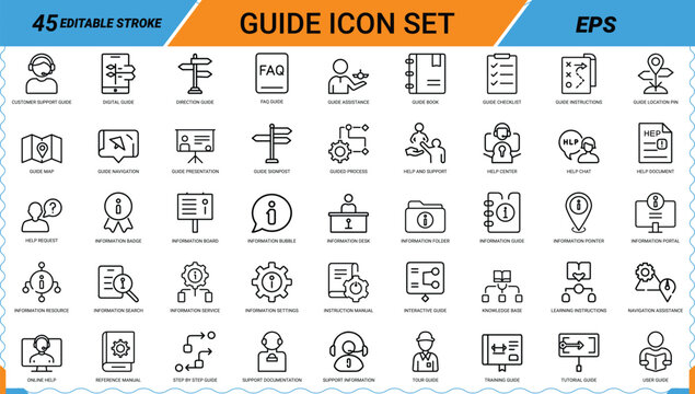 Guide icon set featuring customer support instruction manual and help navigation.