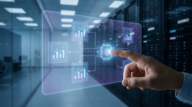 Holographic predictive analytics interface connecting graph metrics to AI processing chip