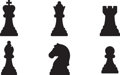 Set of black chess piece silhouettes including king queen rook bishop knight and pawn for board game strategy and competition Vector © Alex