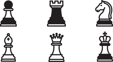 Set of six black chess pieces including pawn rook knight bishop queen and king for strategic board games and business design Vector © Alex