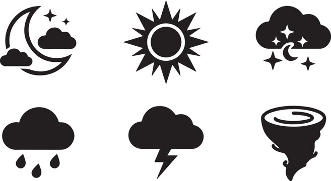 Set of black weather icons showing sun moon clouds rain lightning and tornado symbols for forecast and mobile applications Vector