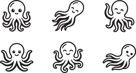 Set of cute octopus character icons with different poses and happy facial expressions in a simple black line art style Vector © Alex