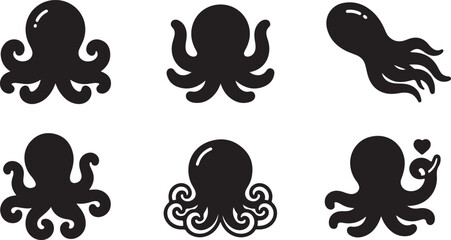 Set of black octopus icons featuring various cute poses and shapes of sea animals for graphic design and marine life projects Vector © Alex