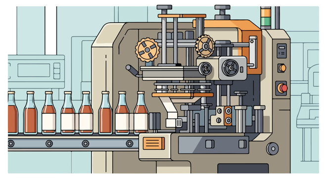 Automated bottle filling and labeling machine on production line in factory