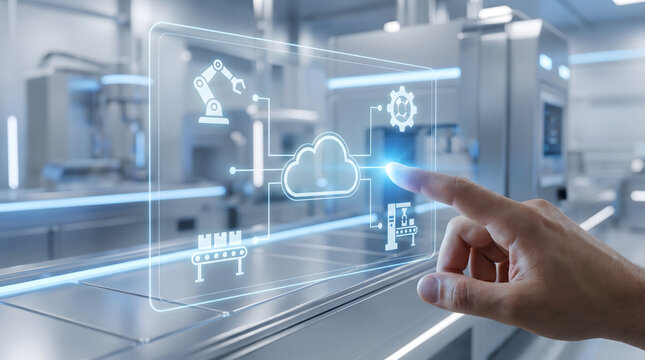 Industrial automation holographic interface showing smart factory robotics and cloud connected manufacturing system