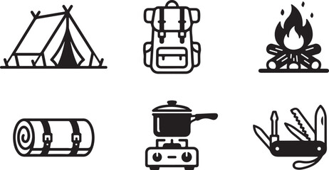 Set of black camping and hiking icons featuring a tent backpack campfire sleeping bag stove and pocket knife for outdoor trips Vector © Alex