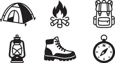 Set of camping icons featuring tent bonfire backpack lantern hiking boot and compass for outdoor travel and adventure design Vector © Alex