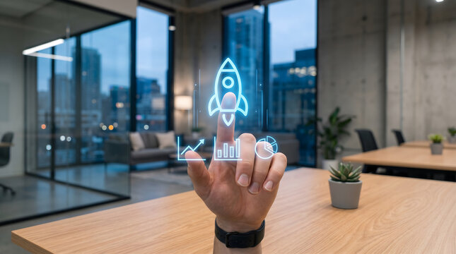Technology startup launch concept showing rocket growth trajectory with analytics performance indicators in digital dashboard
