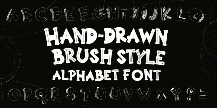 Hand drawn brush style alphabet font on black background