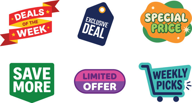 creative ecommerce marketing button collection featuring six unique sales promotion labels isolated on white background