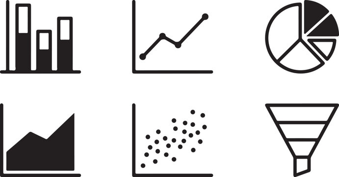 Set of black business data chart icons including bar graph line plot pie chart area diagram scatter plot and funnel Vector