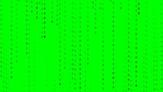 Vertical falling binary code zeros and ones on neon green background for cybersecurity concept